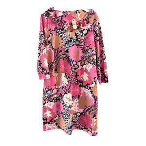 Talbots Dress Women's Petite PL Pink Floral Shift Ruffle Trim Stretch Knit